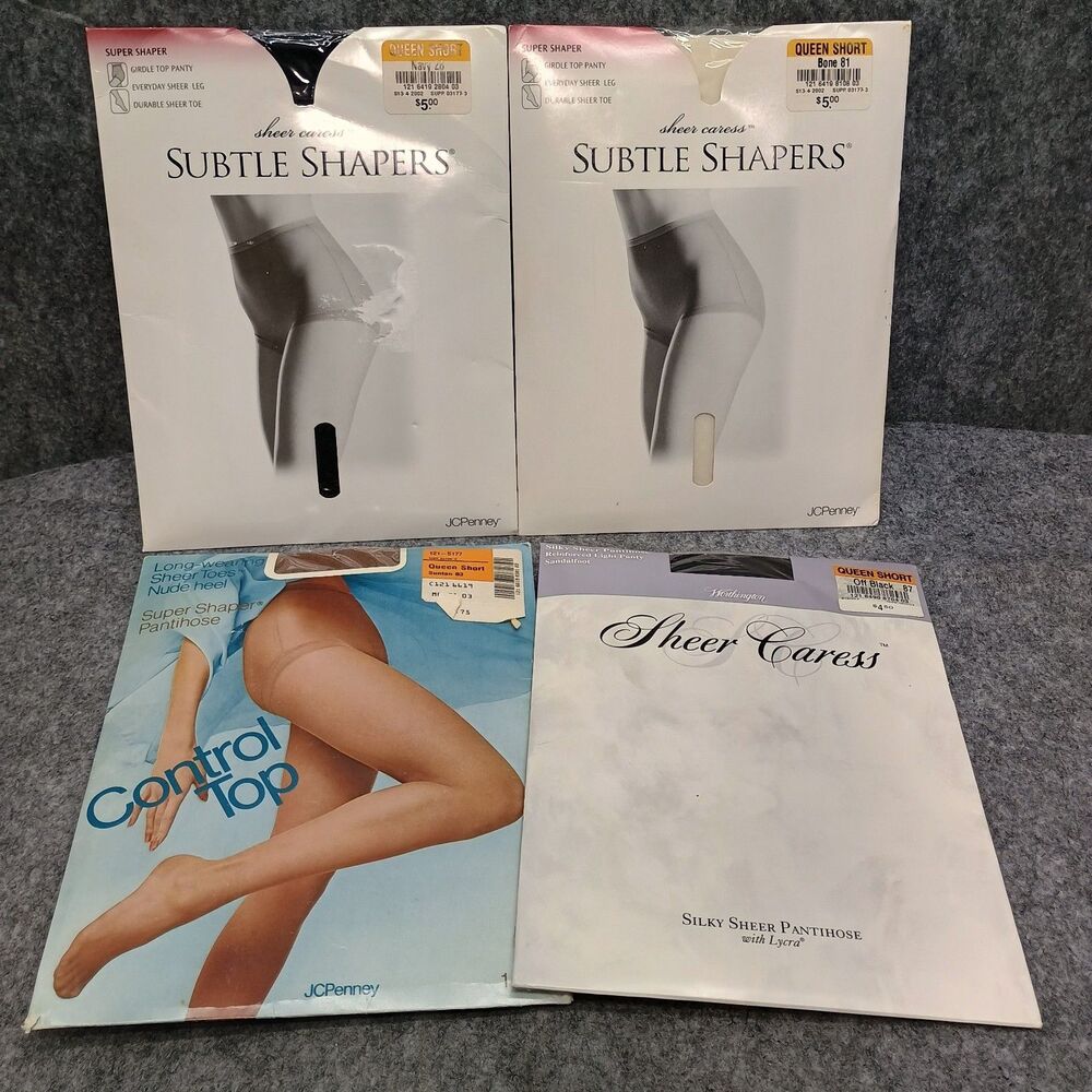 4 VTG Queen Short JCPenney Pantyhose Bone Navy Suntan Black Sheer Caress Variety